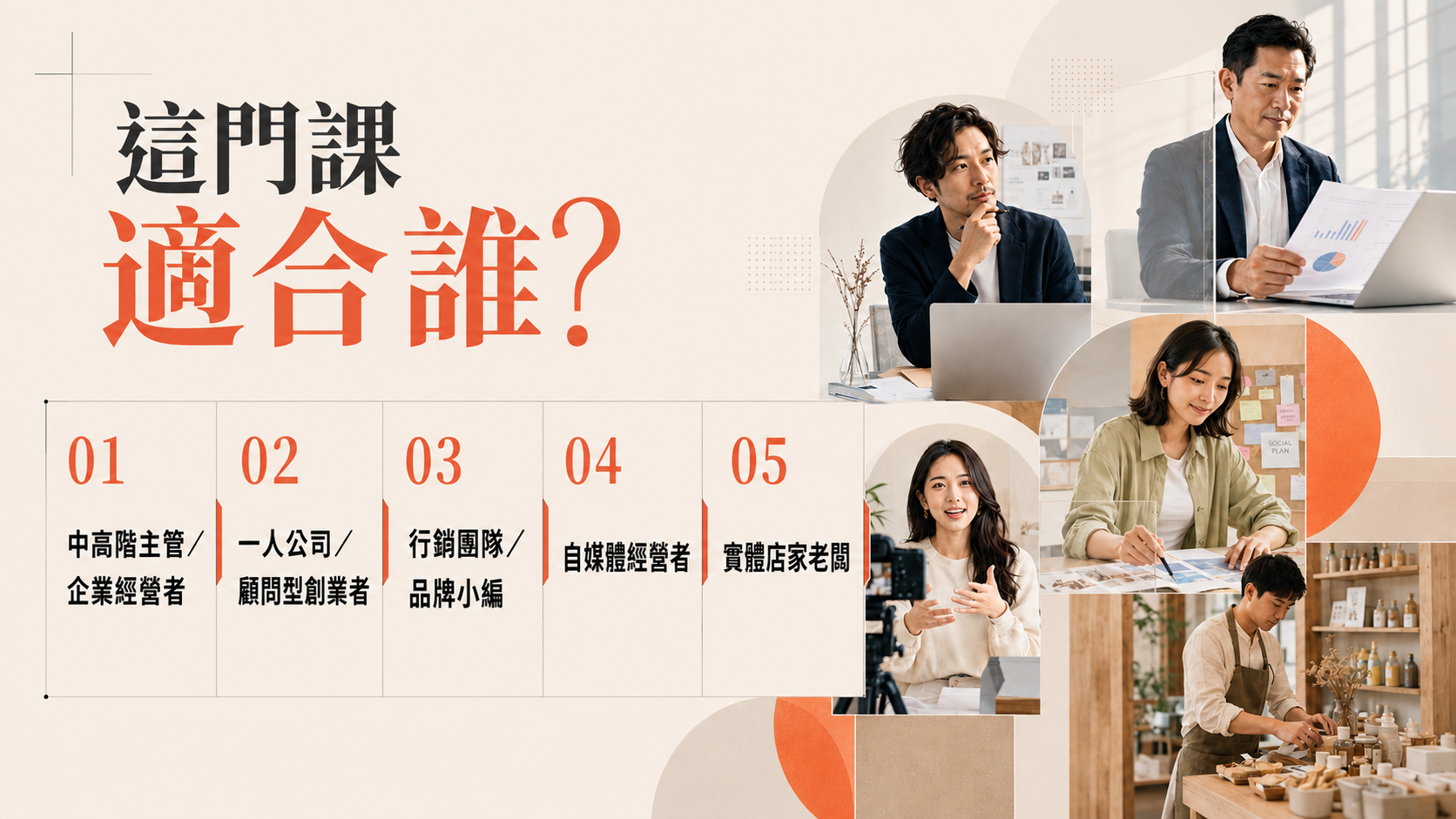 這門課適合誰？中高階主管／企業經營者、一人公司／顧問型創業者、行銷團隊／品牌小編、自媒體經營者、實體店家老闆